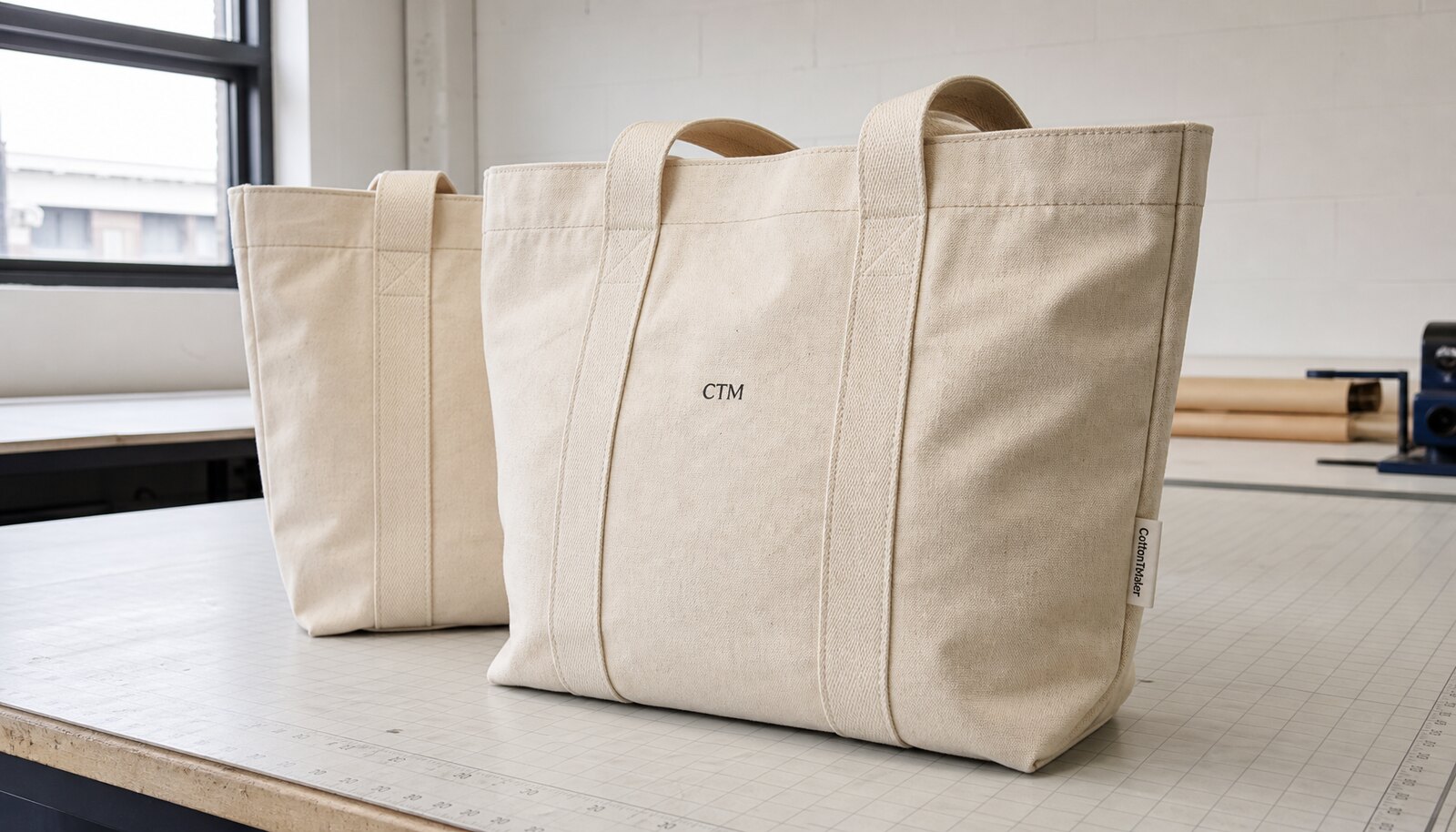 Heavy canvas tote bags with CTM sample logo and woven side label in a clean factory sample room