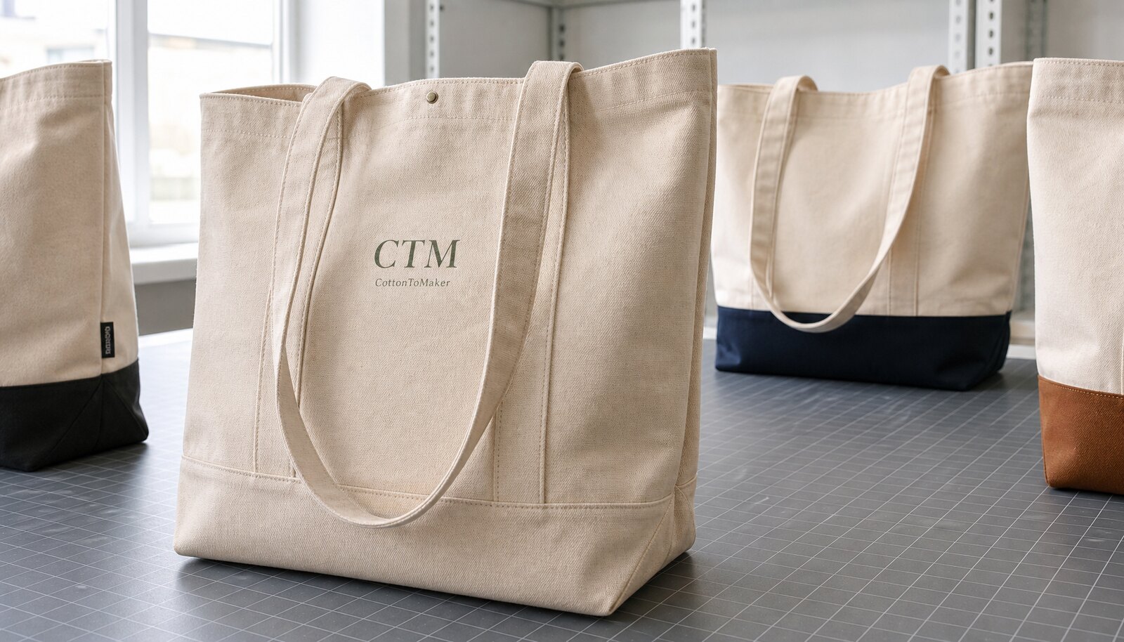 Heavy canvas tote bags with a simple CTM/CottonToMaker sample logo in a clean factory sample room
