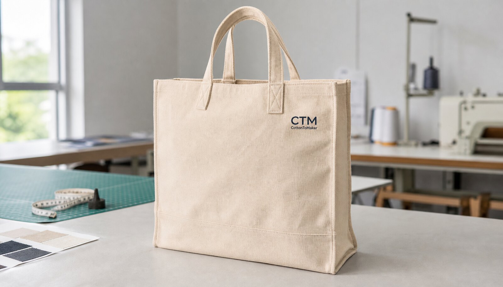 Heavy canvas tote bag with a simple CTM/CottonToMaker logo printed on the front in a clean factory sample room