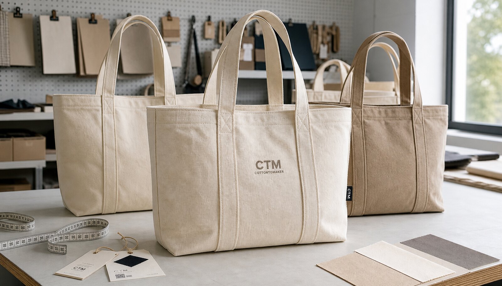 Heavy canvas tote bags in a factory sample room with a simple CTM logo printed on one tote
