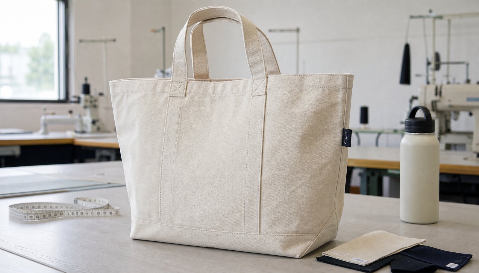 Heavy canvas tote bag for wineries with a small CTM/CottonToMaker sample logo in a factory sample room