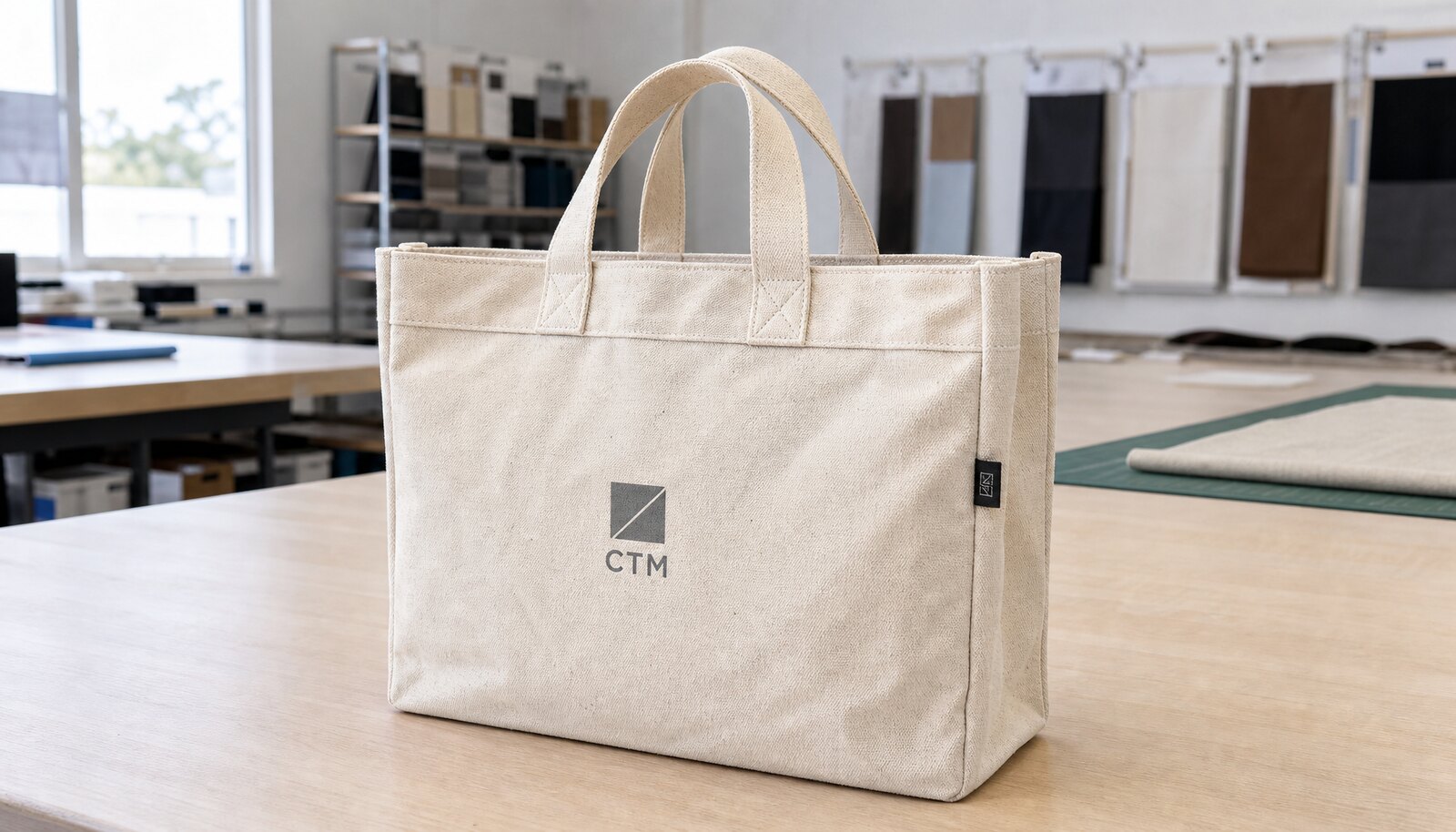 Heavy canvas tote bag with a simple CTM logo printed on the front in a clean factory sample room