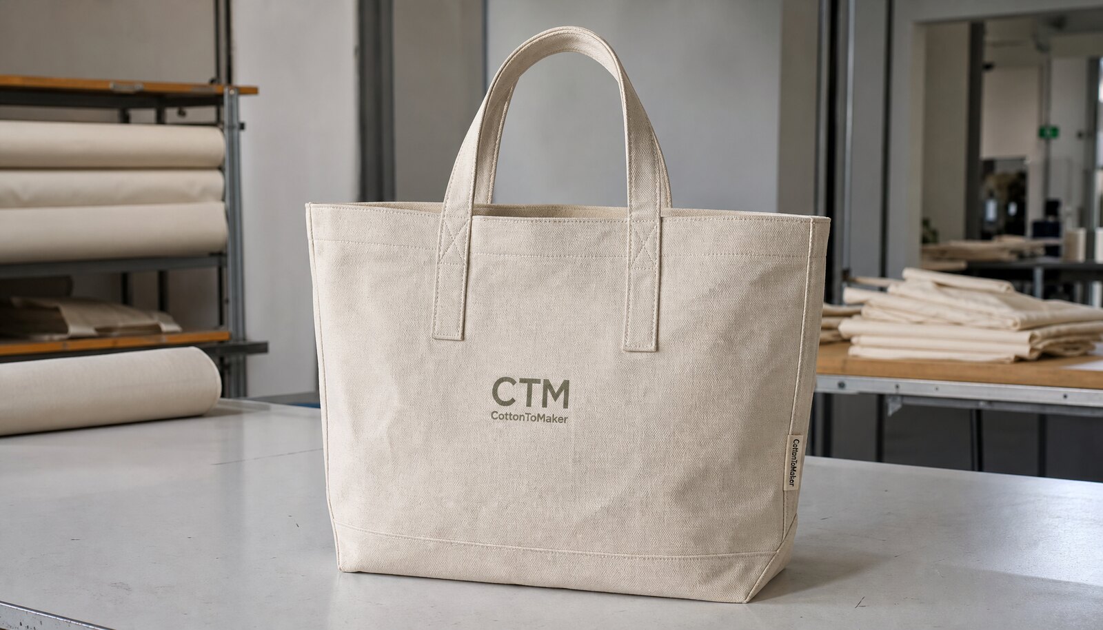 Heavy natural canvas tote bag with a CTM logo and woven side label in a clean sample room