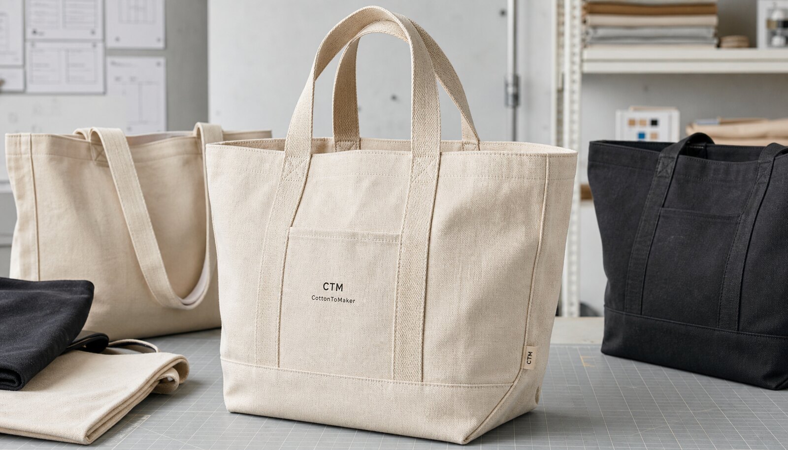 Heavy canvas tote bags with a simple CTM logo printed on the bag in a clean factory sample room