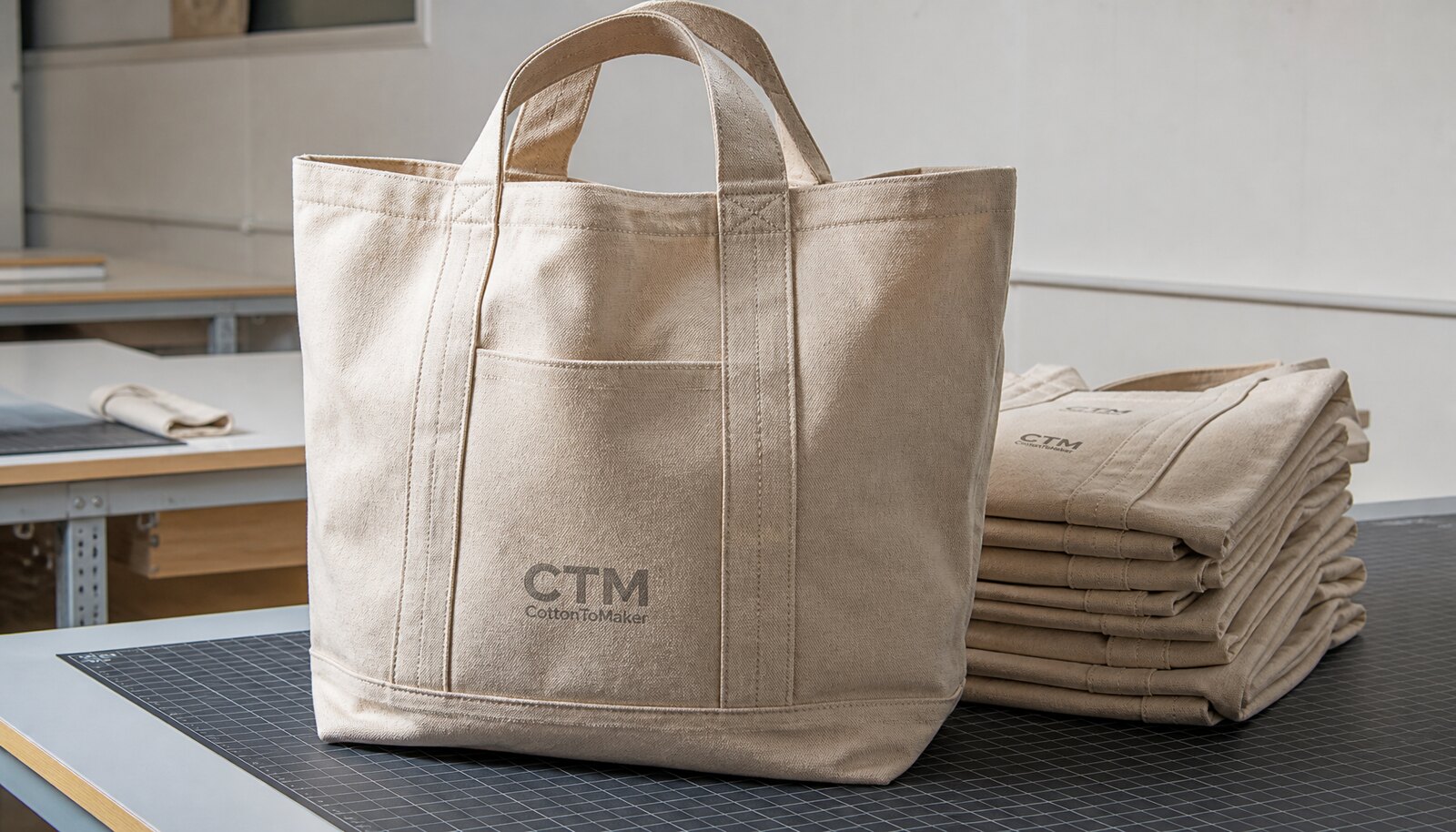 Heavy canvas tote bag sample with a simple CTM/CottonToMaker logo printed directly on the bag in a clean sample room