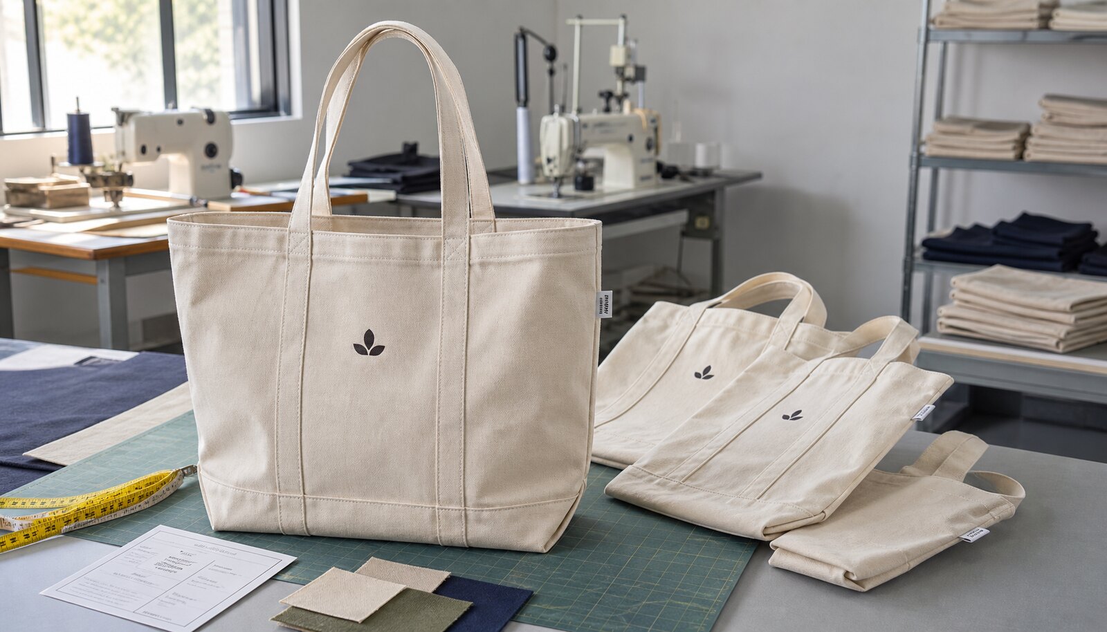 Heavy canvas tote bags with a simple CottonToMaker sample logo, shown in a factory sample room for subscription box packaging review.