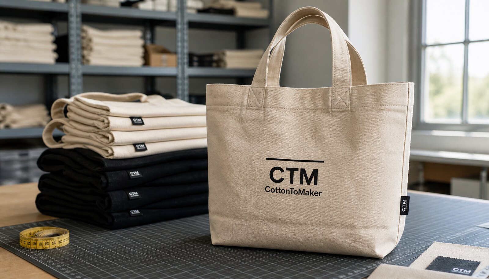 Heavy canvas tote bags with a small CTM CottonToMaker side label in a clean factory sample room