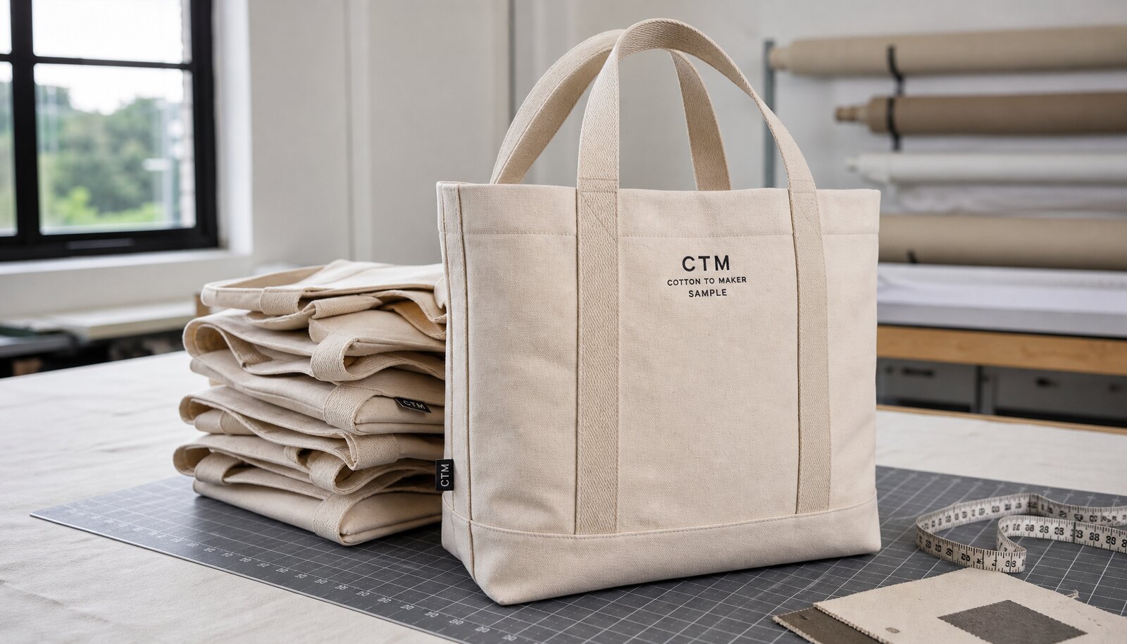 Heavy canvas tote bags in a factory sample room with a simple CTM/CottonToMaker logo printed on the bag
