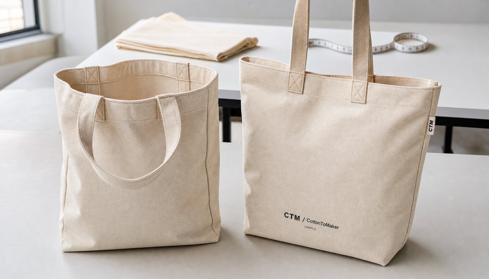 Heavy canvas tote sample with CTM CottonToMaker logo, reinforced handles, and fabric swatch for procurement cost review