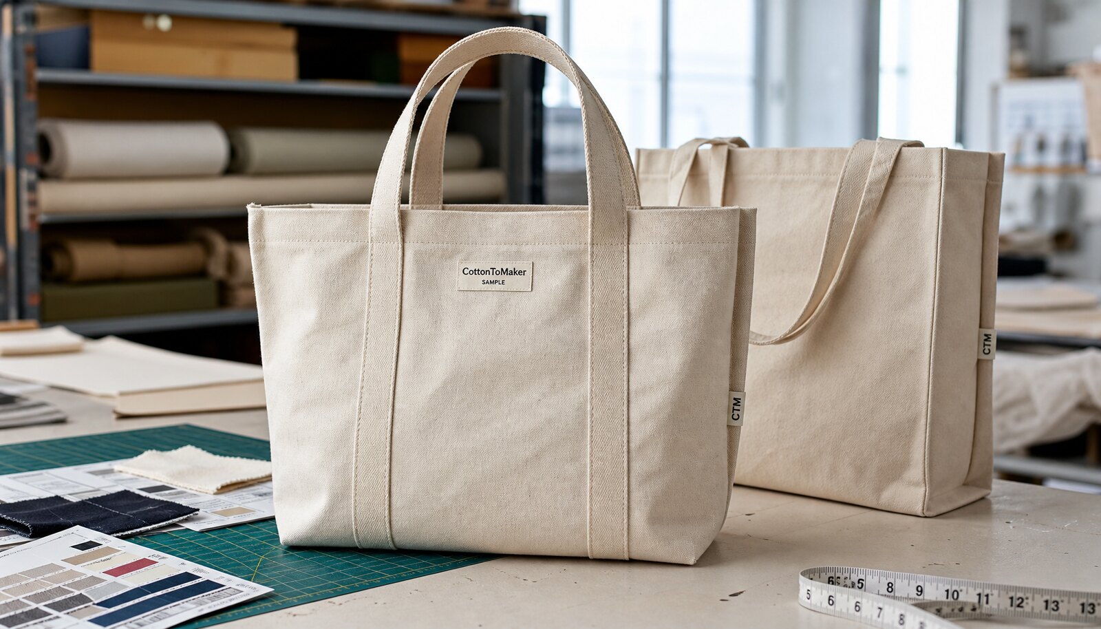 Heavy canvas tote samples with CTM CottonToMaker logo in a factory sample room