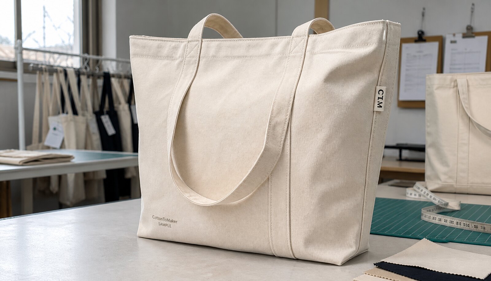 A heavy canvas tote bag with a visible CTM woven side label in a clean factory sample room.