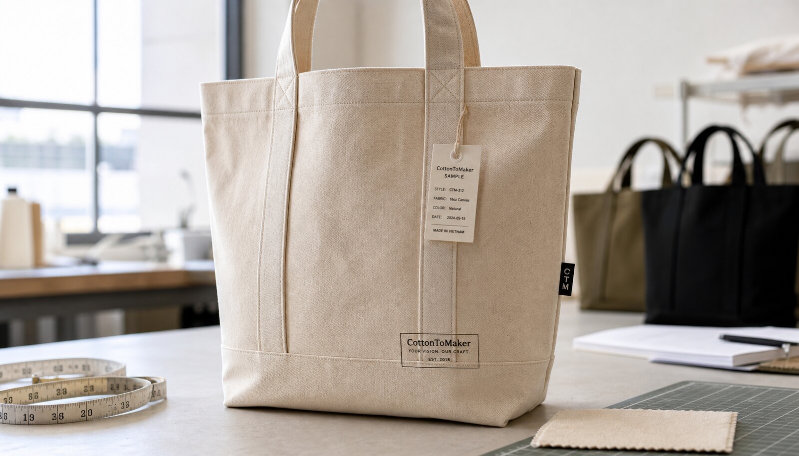 Natural heavy canvas tote sample with CTM logo, reinforced handles, and boxed bottom on a clean studio table