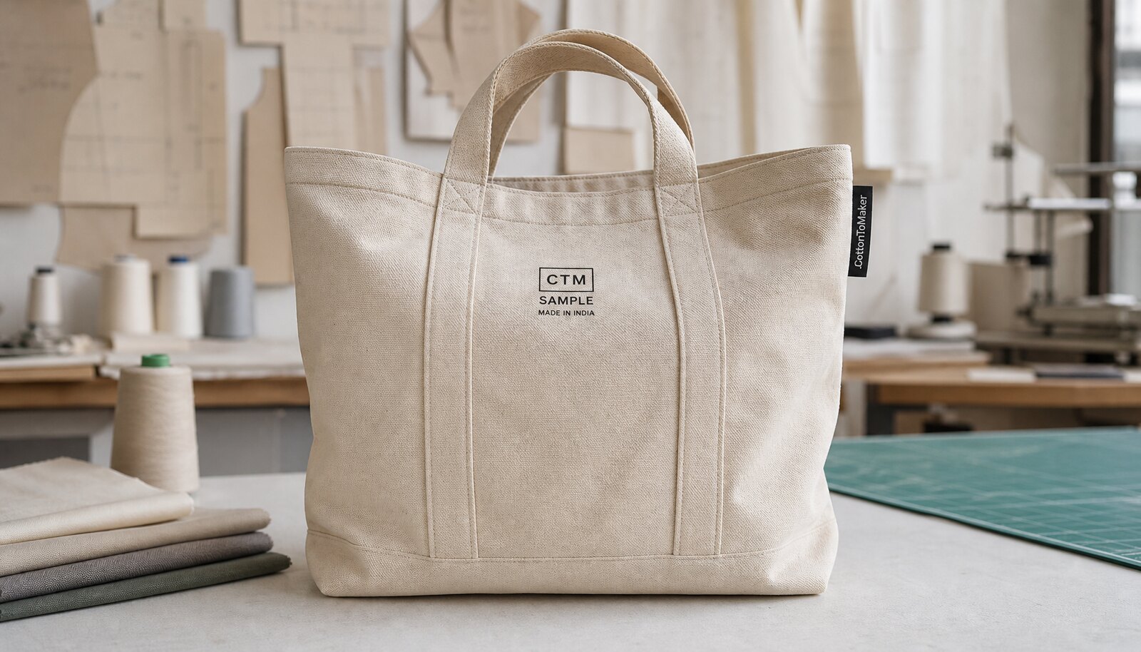 Heavy canvas tote with a CTM sample logo printed on the front and a CottonToMaker woven side label in a factory sample room.