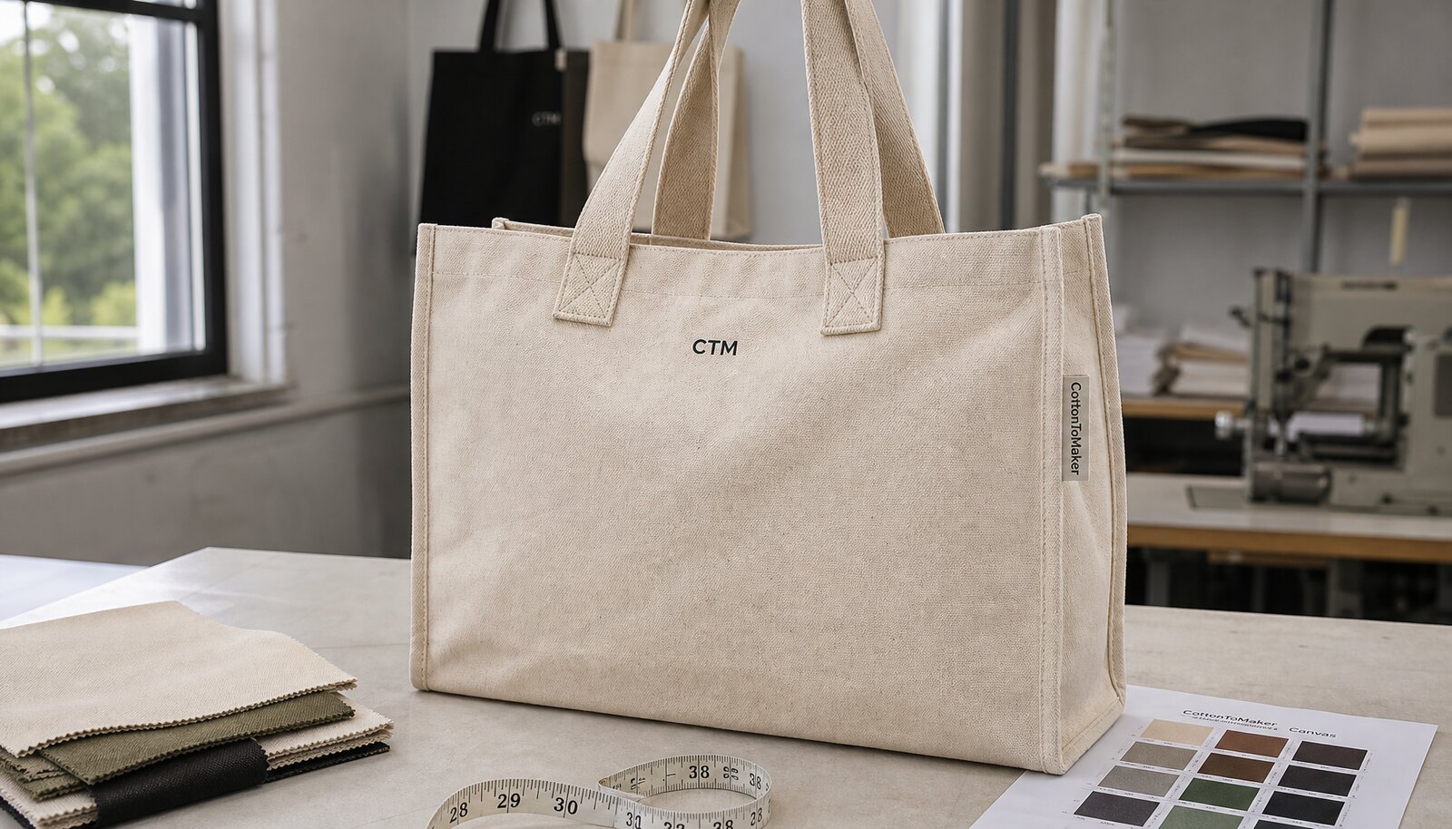 Heavy canvas tote sample with CTM logo in factory sample room for buyer approval