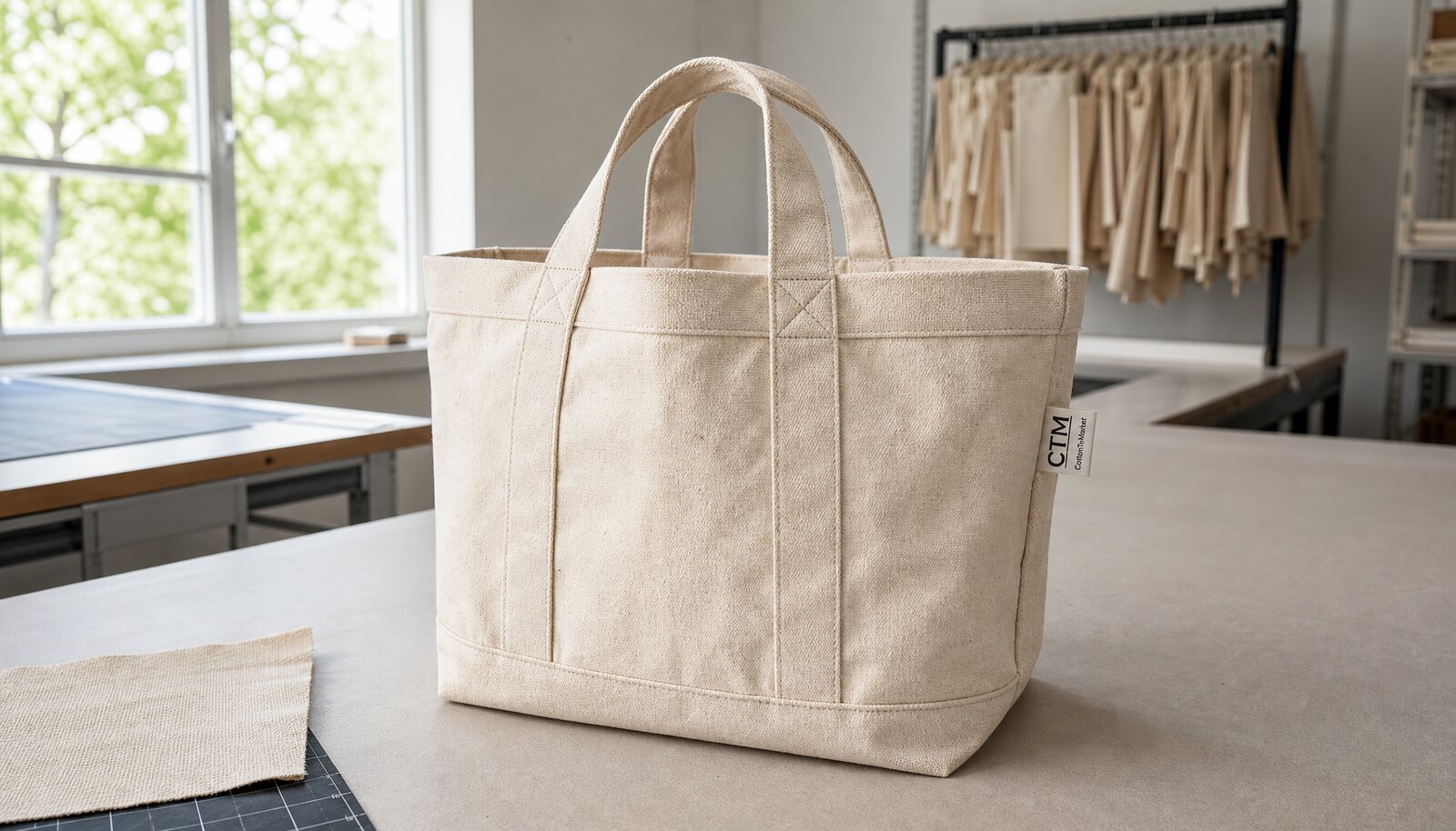 Heavy canvas tote with a simple CottonToMaker sample logo on a sewn side label in a factory sample room