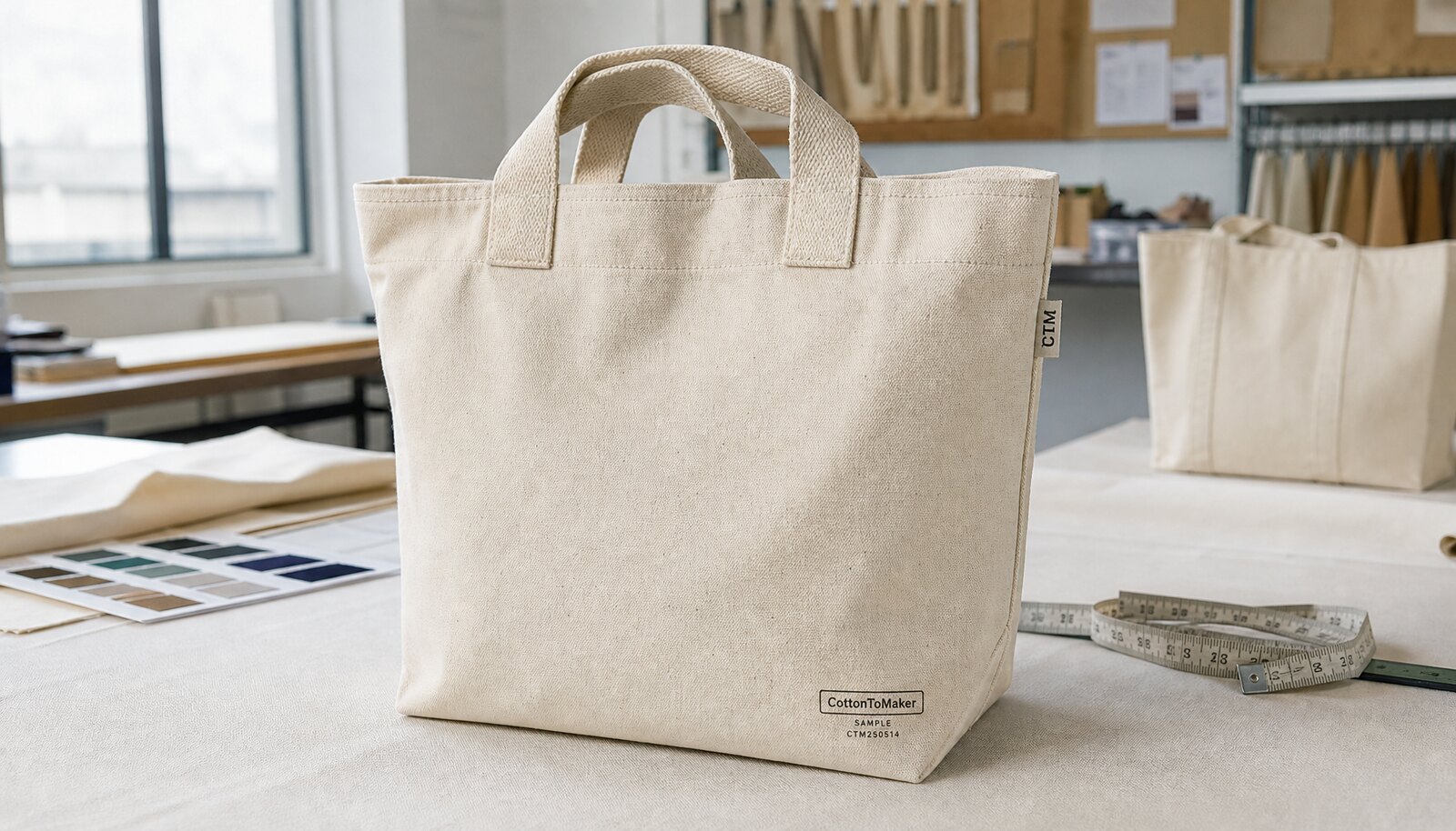Heavy natural canvas tote with a stitched CTM logo shown in a factory sample room