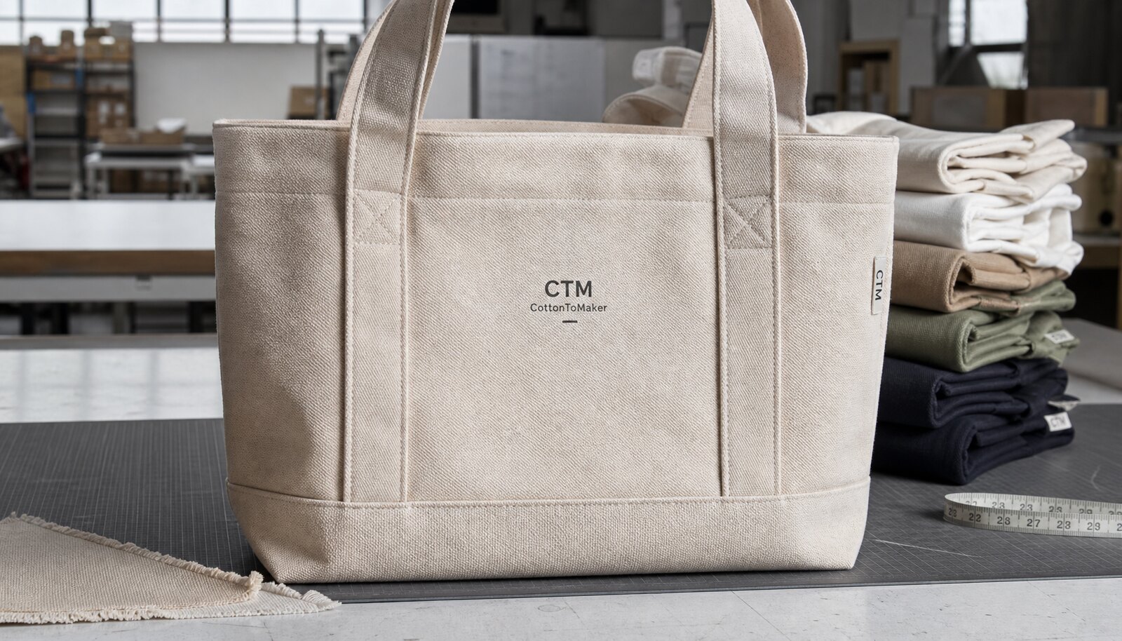 Heavy duty canvas bags in a factory sample room with a simple CTM sample logo printed on the bag