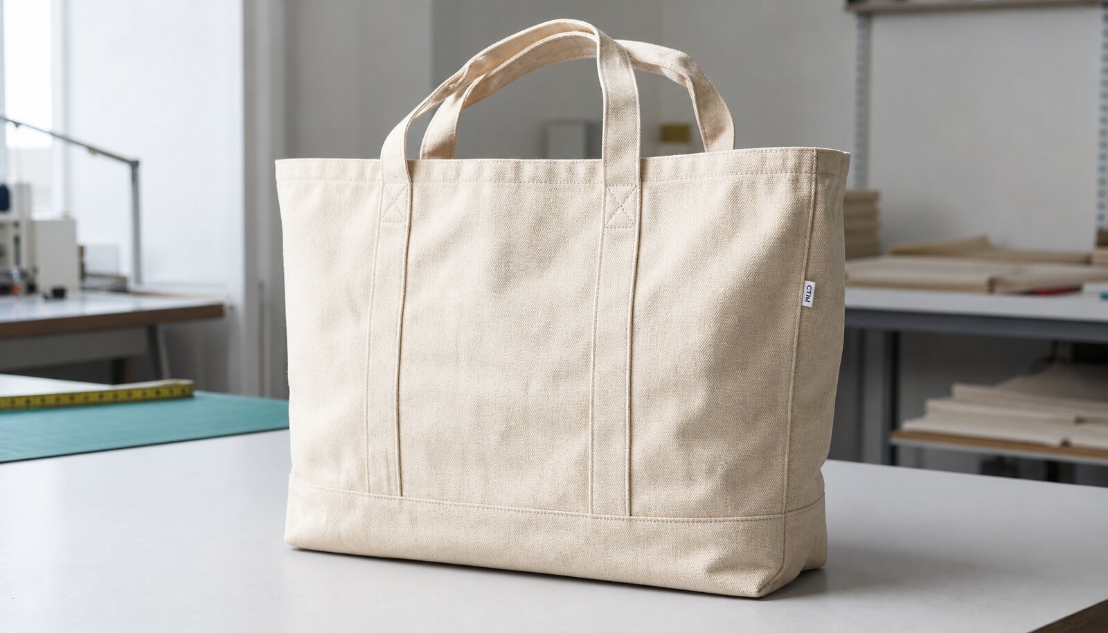 Heavy duty canvas tote bag with a small CTM logo shown in a clean factory sample room