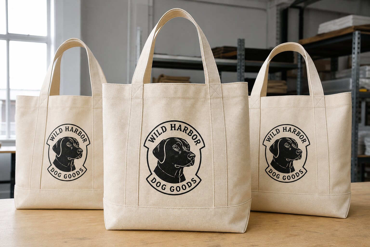 Heavy duty canvas tote bags with a printed logo and reinforced stitching