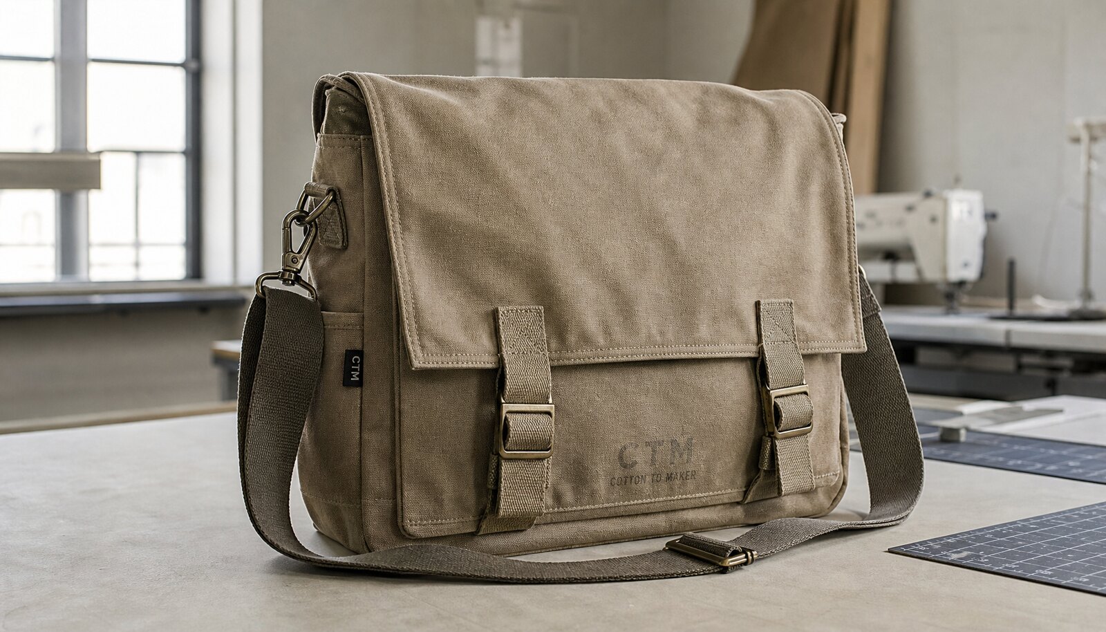 Heavy duty canvas messenger bag with a small CTM sample logo in a factory sample room