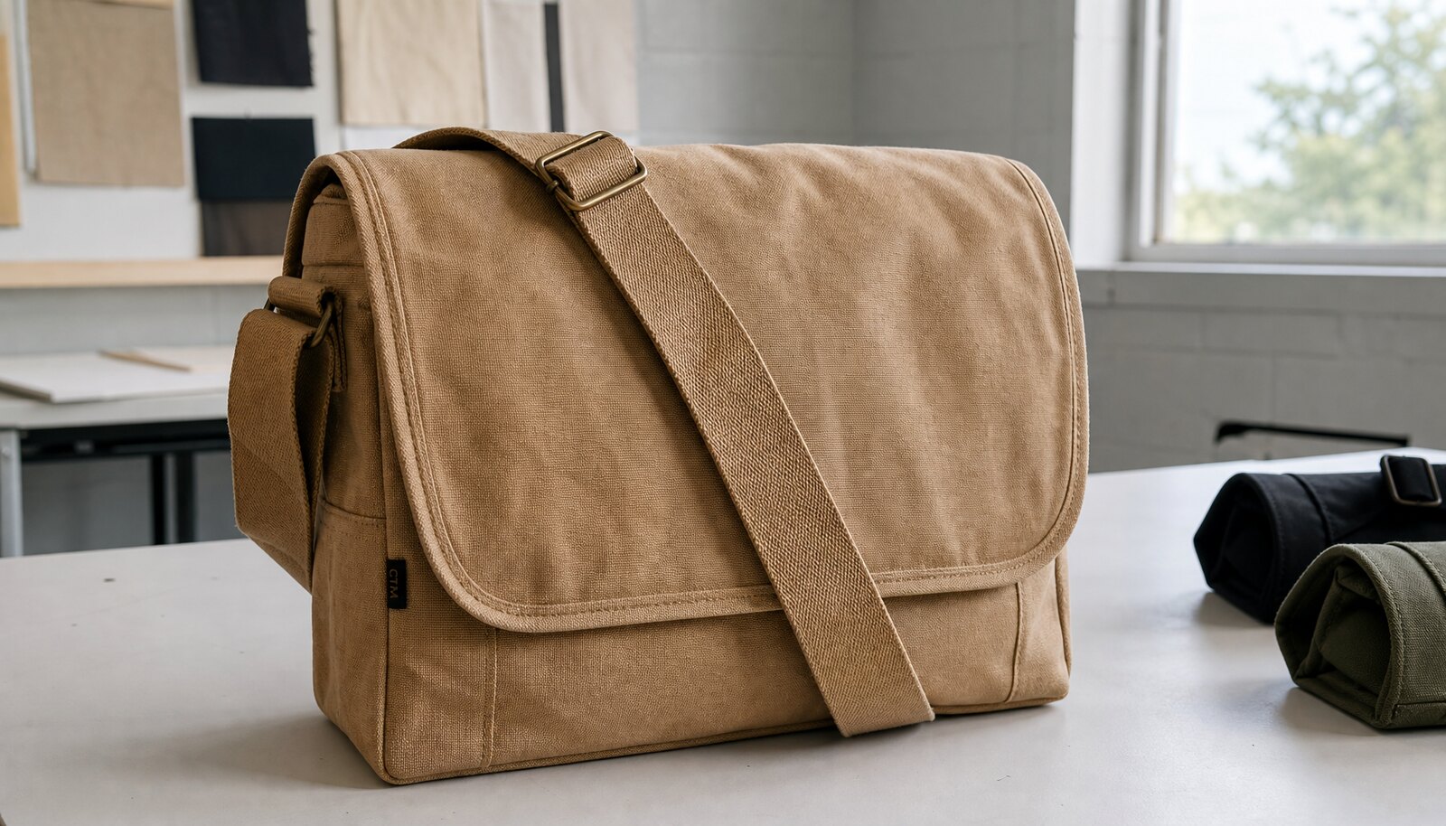 Heavy duty canvas messenger bag with a sewn CTM CottonToMaker side label in a factory sample room