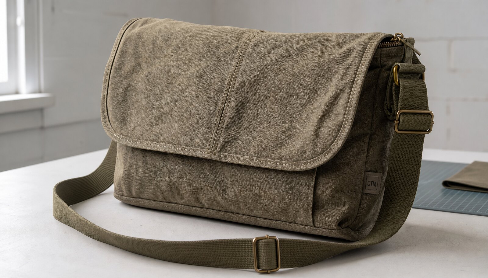Heavy duty canvas messenger bag with CTM side label photographed in a factory sample room