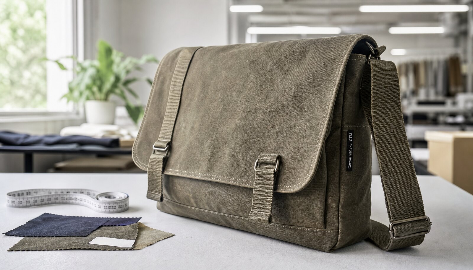 Heavy duty canvas messenger bag with a simple CTM side label in a factory sample room