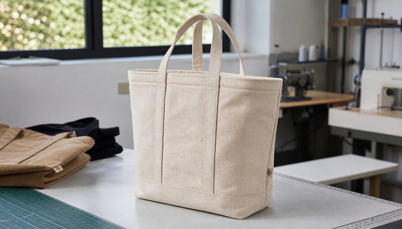 Natural canvas tote bag with CTM sample logo in a clean factory sample room