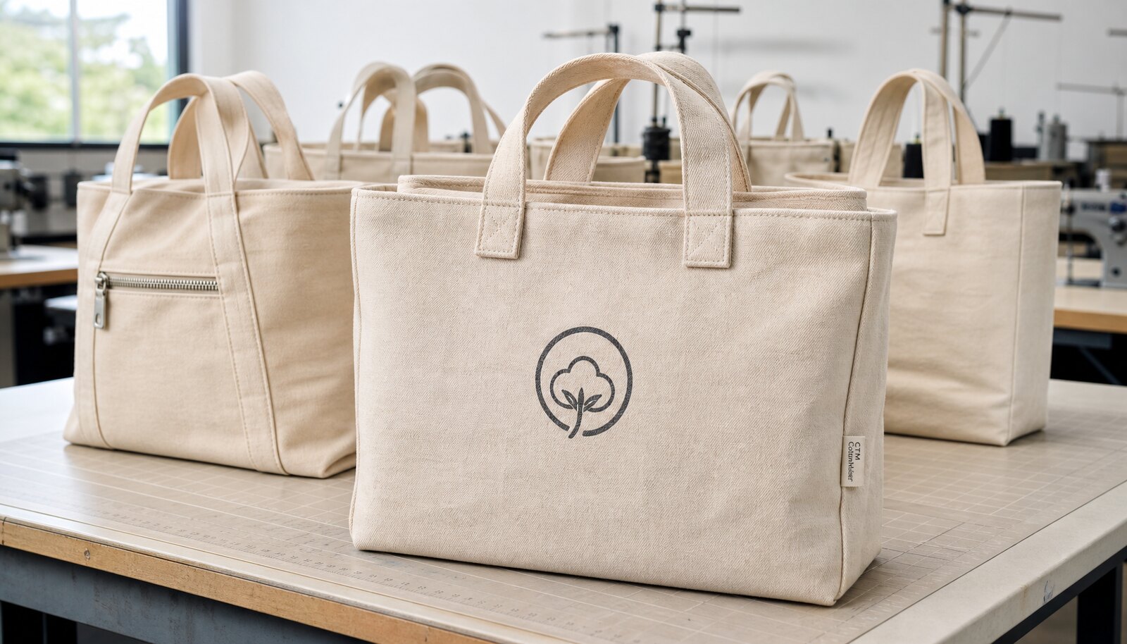 Photorealistic canvas conference bags in a factory sample room with a small CTM CottonToMaker sewn side label and simple printed logo.
