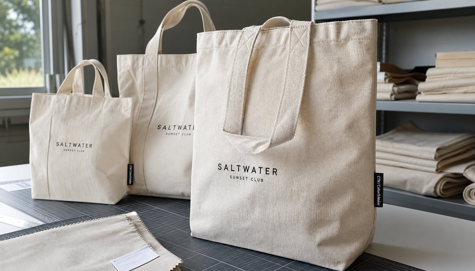 Canvas retail merchandise bags for apparel brands with a CTM CottonToMaker side label in a clean sample room