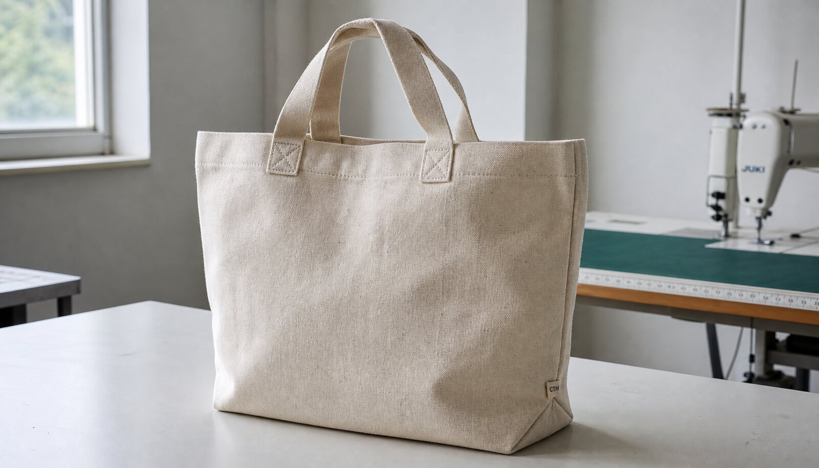 A natural canvas tote bag with a small CTM logo in a factory sample room, showing stitching, handles, and fabric texture.