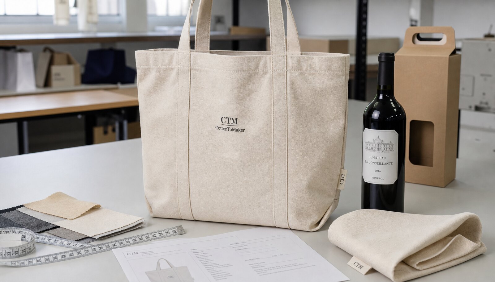 Recycled canvas tote bag for wineries with a small CTM logo printed on the front in a factory sample room