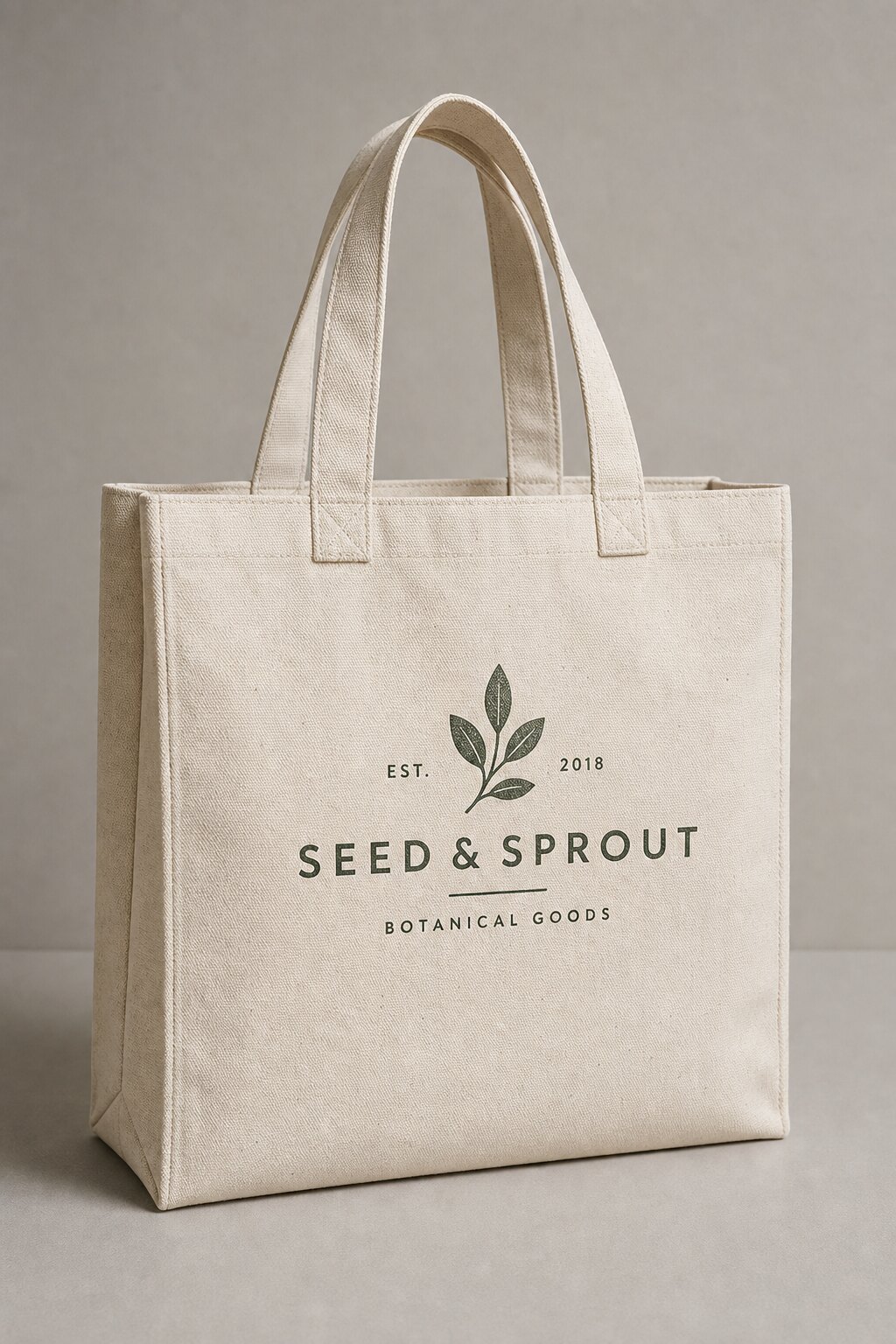 Photorealistic canvas tote bag with a printed retail brand logo, stitched seams, and reinforced handles on a plain studio background.
