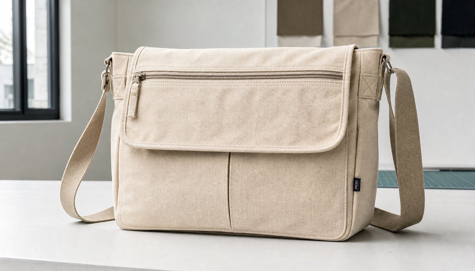 Photorealistic natural canvas messenger bag with reinforced stitching and a CTM/CottonToMaker woven side label in a clean factory sample room.