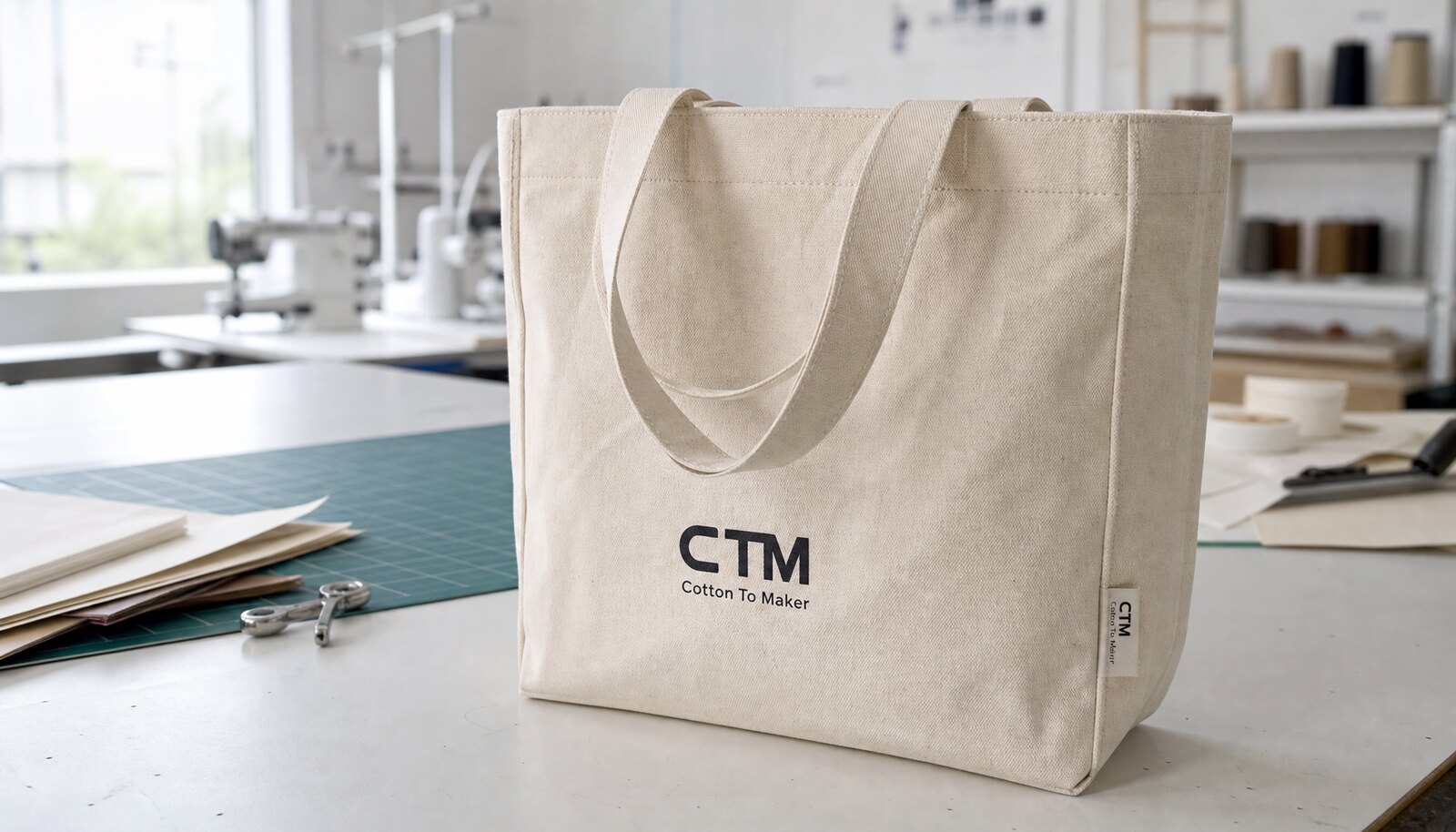 A custom canvas tote bag with a simple CTM CottonToMaker logo printed on the front and a woven side label in a factory sample room.