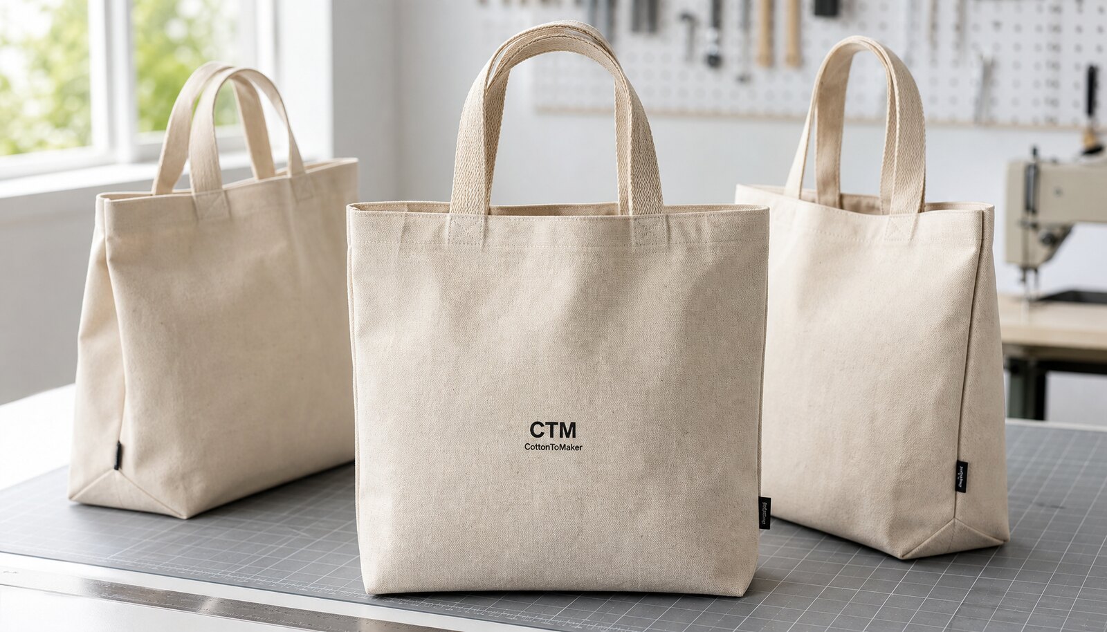Natural canvas tote bags in a factory sample room with a small CTM CottonToMaker logo printed on the front.