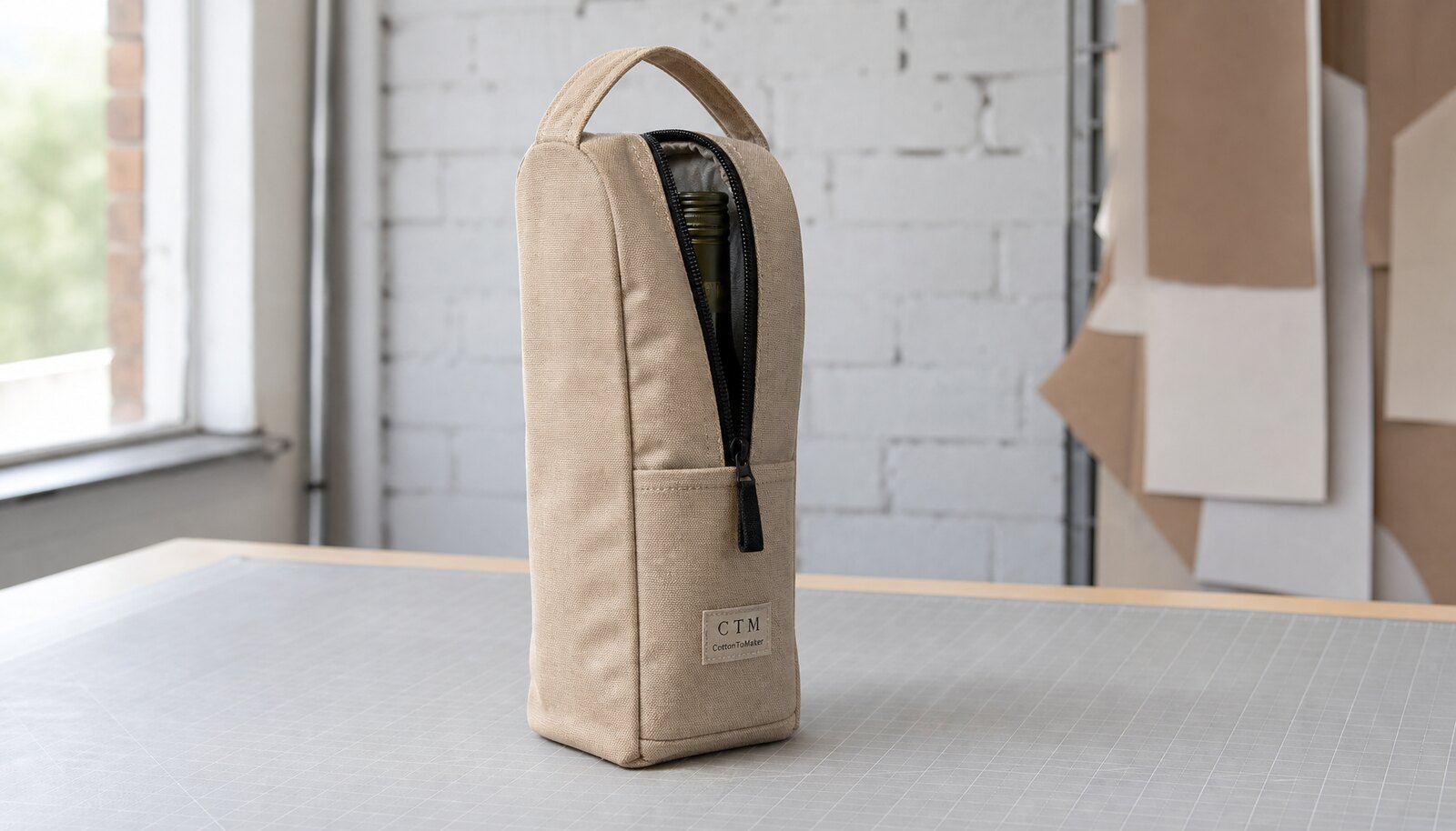 Photorealistic insulated wine bag with a small CTM CottonToMaker logo printed on the side label in a clean factory sample room