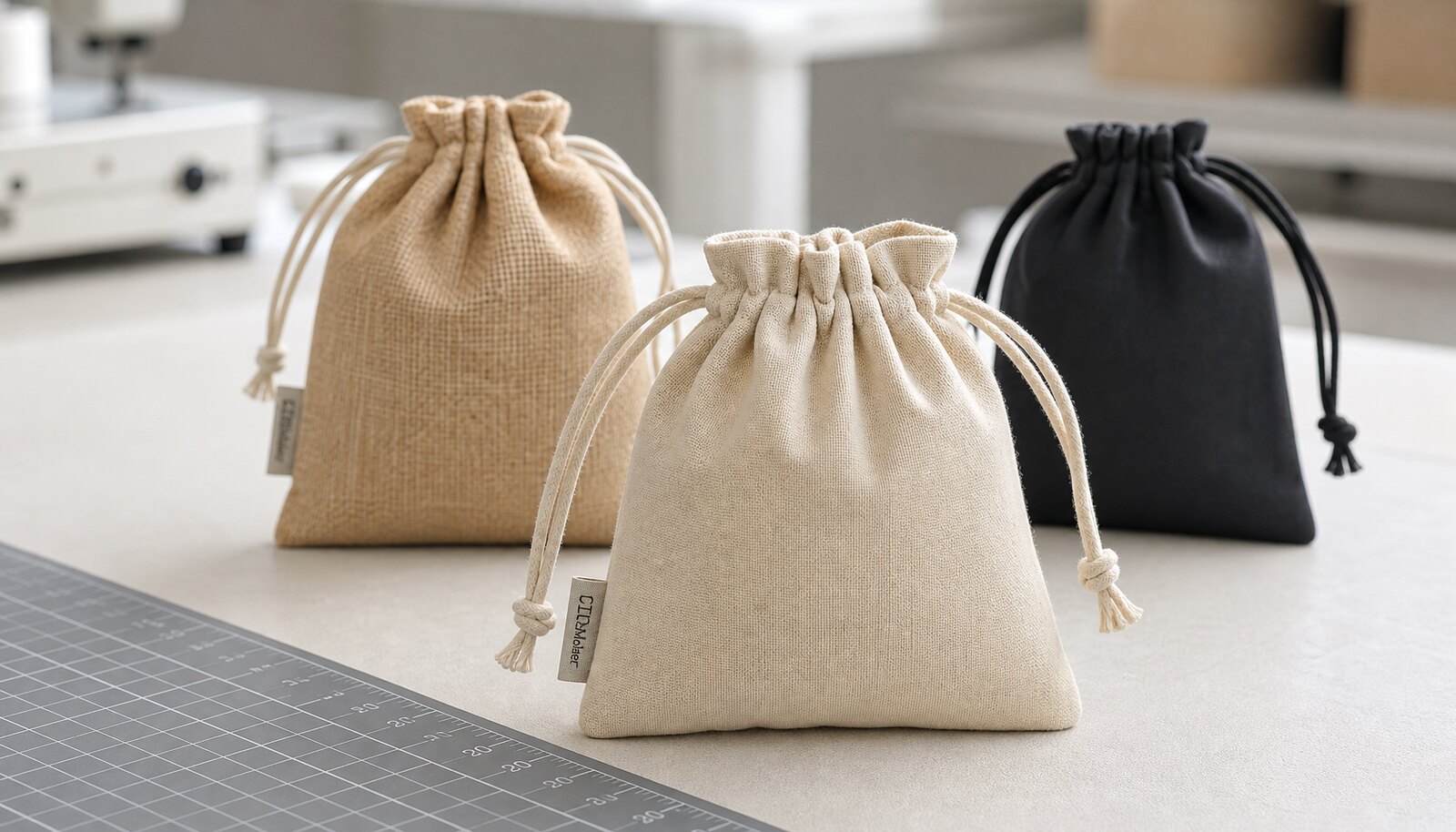 Jewelry drawstring pouches with a CTM sample logo shown in a clean factory sample room