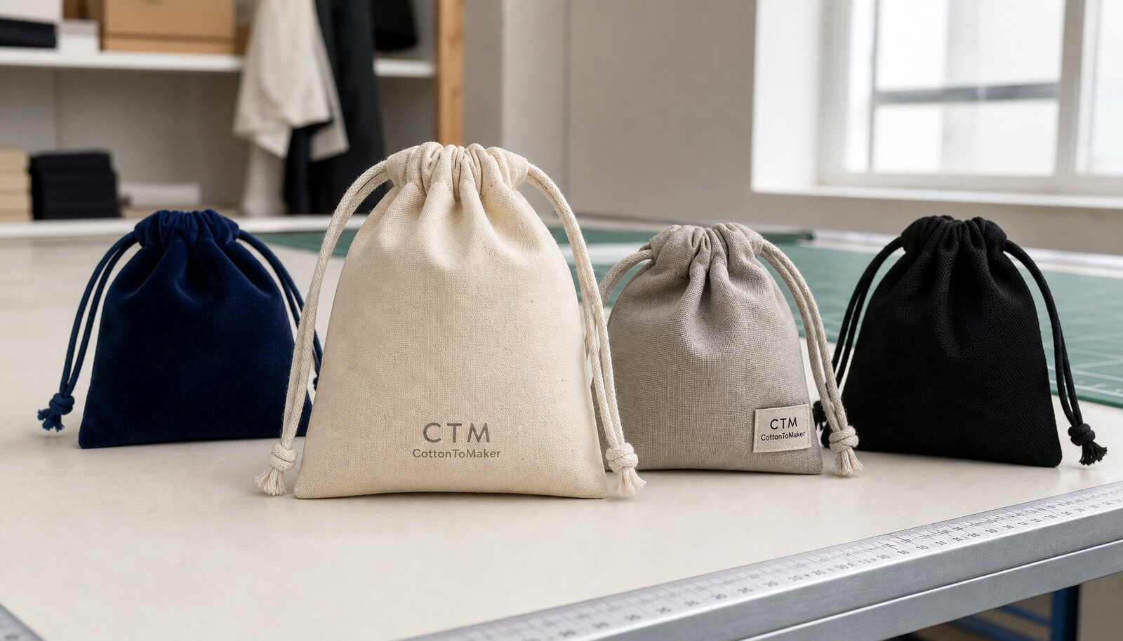 Photorealistic jewelry drawstring pouches in a factory sample room with a visible CTM logo on the product