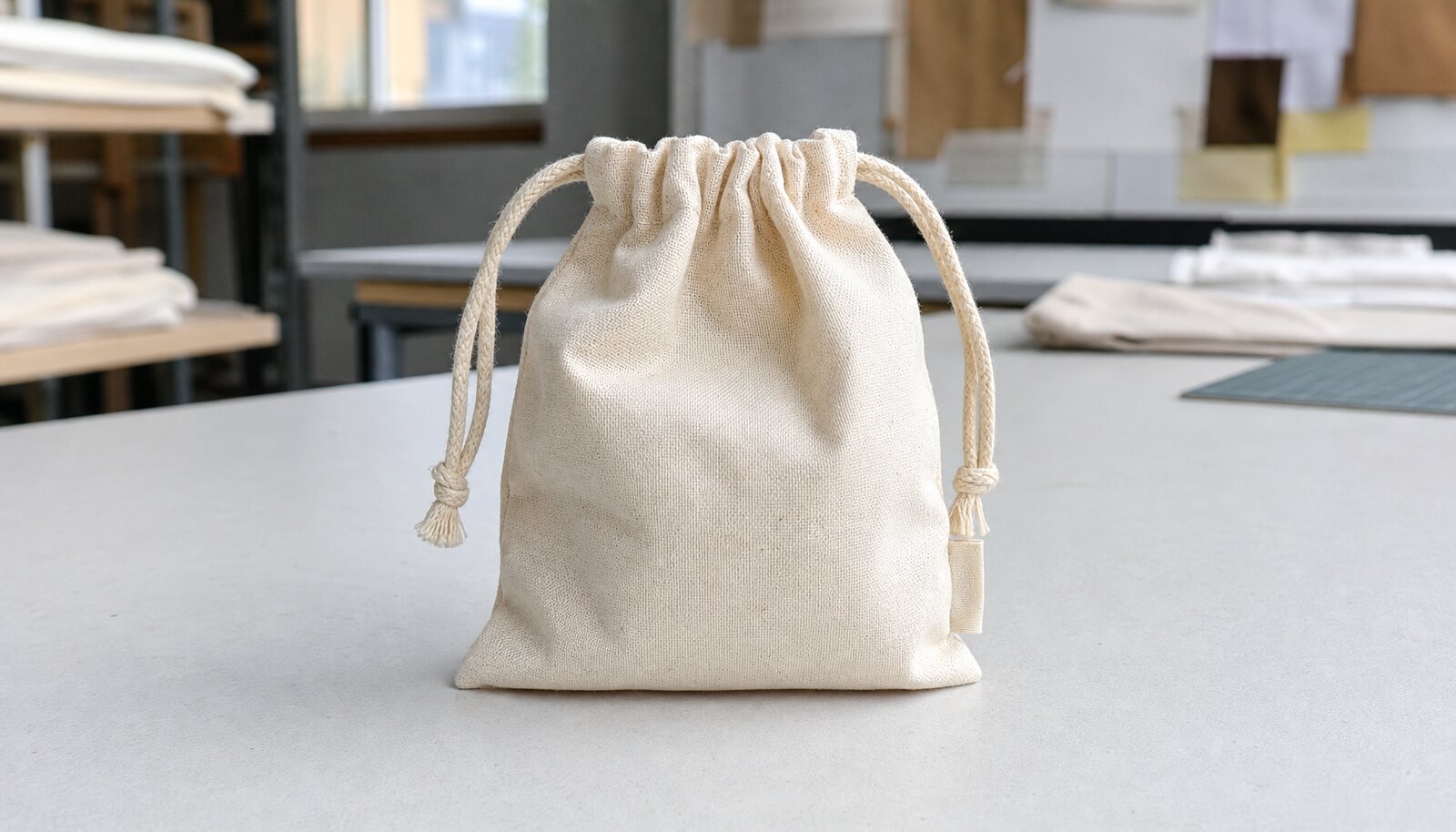 Natural cotton jewelry drawstring pouch with a CTM woven side label in a factory sample room