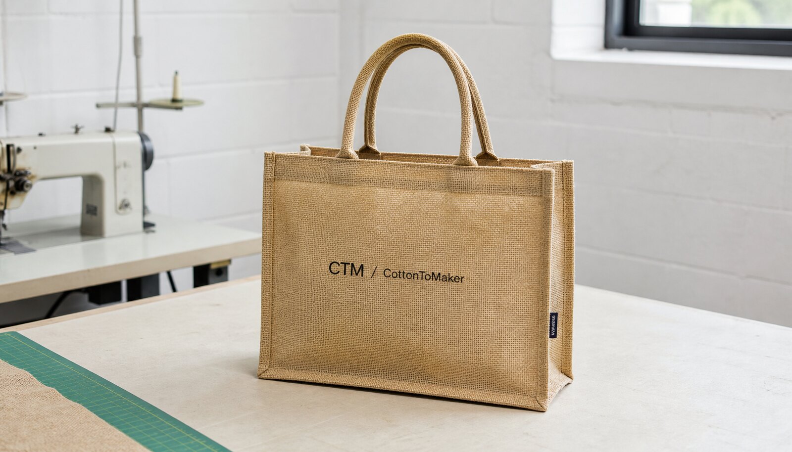 Natural jute bag with a simple CTM CottonToMaker logo printed on the front in a factory sample room