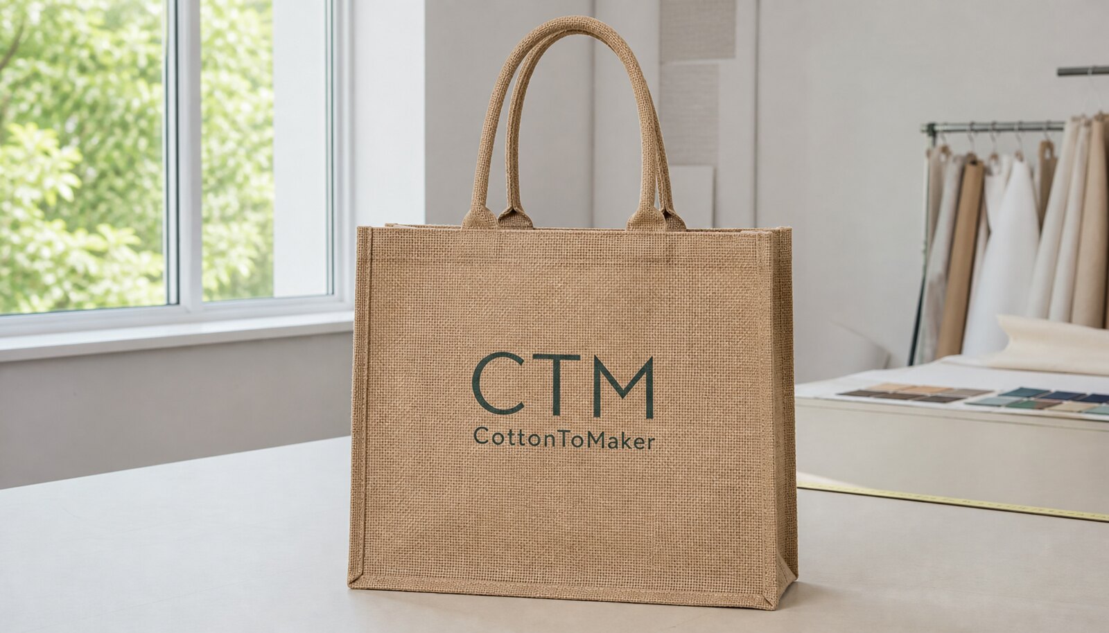 Photorealistic custom jute tote bag with a CTM sample logo printed on the front in a factory sample room