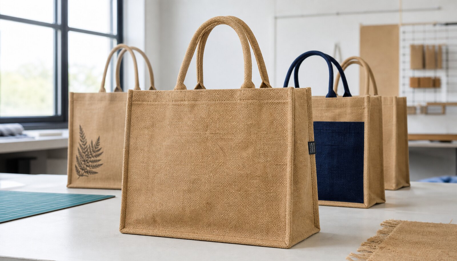 Photorealistic jute tote bags customised with a small CTM woven side label in a clean factory sample room