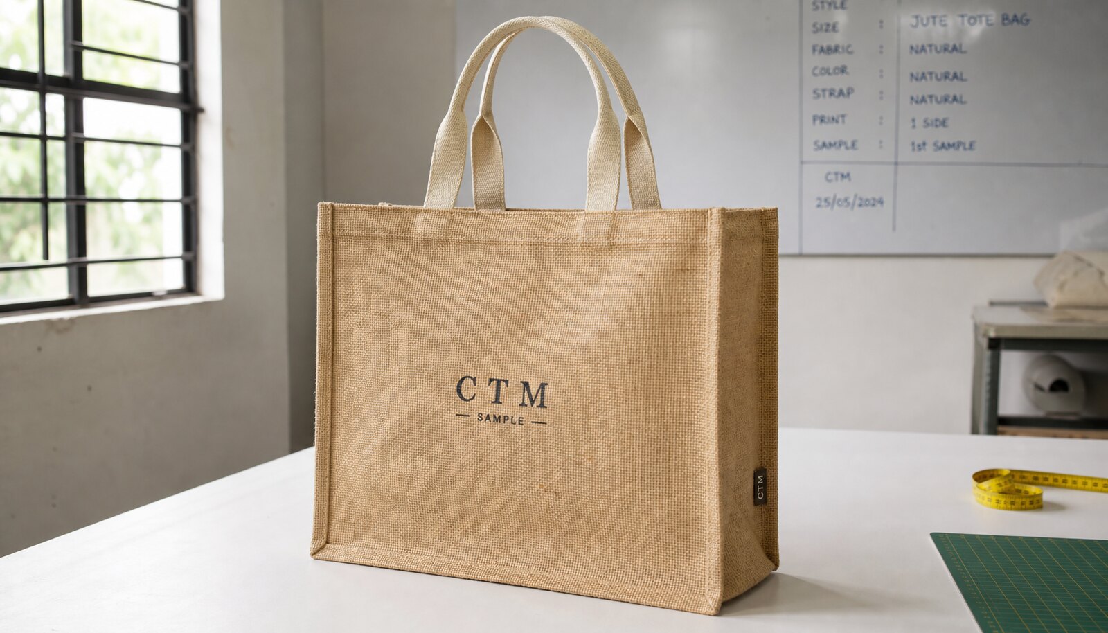 Natural jute tote bag with a CTM sample logo printed on the front in a factory sample room