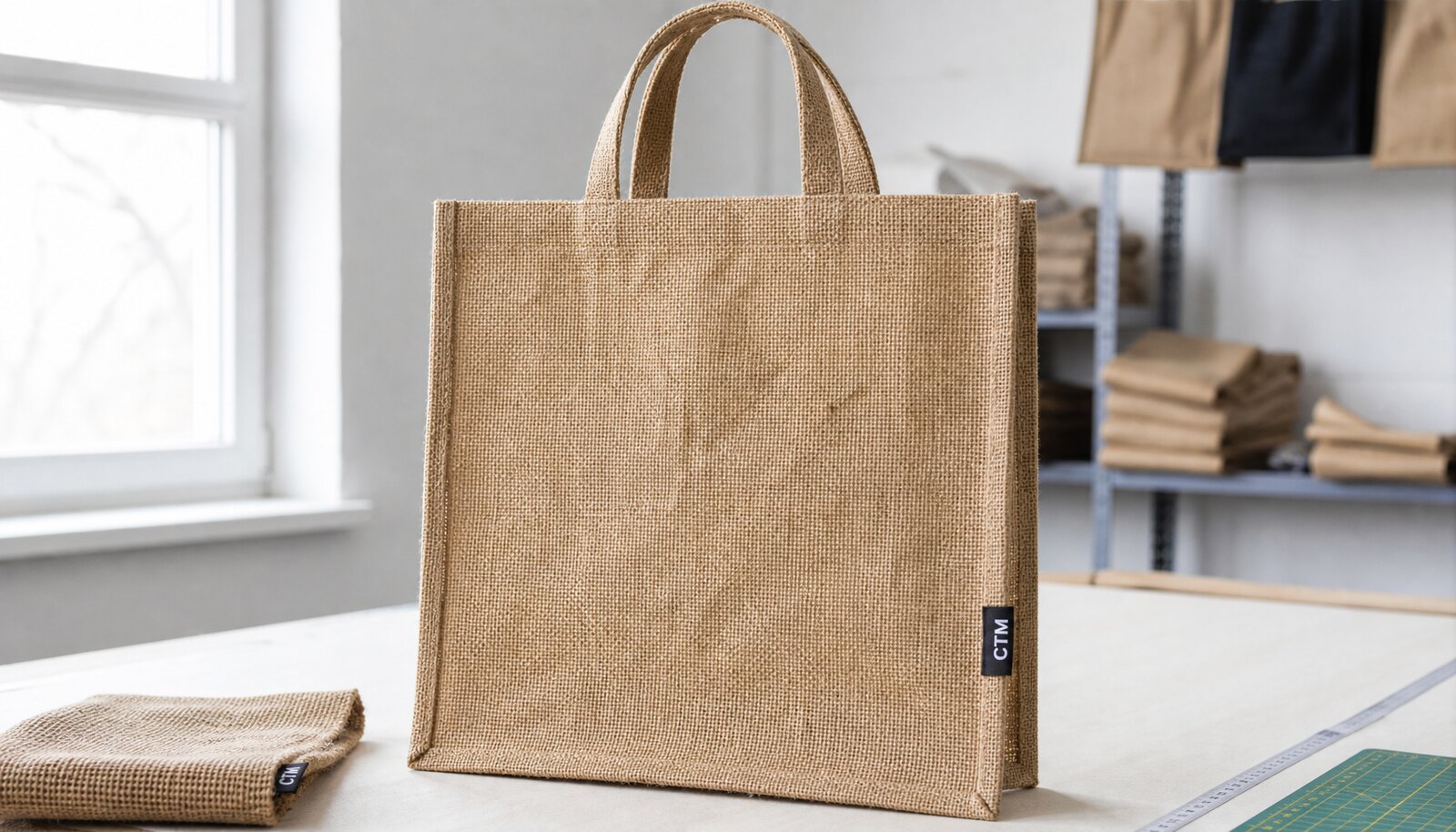 Natural jute burlap bag with a stitched CTM side label in a clean factory sample room, showing visible fibers and a neat top edge.