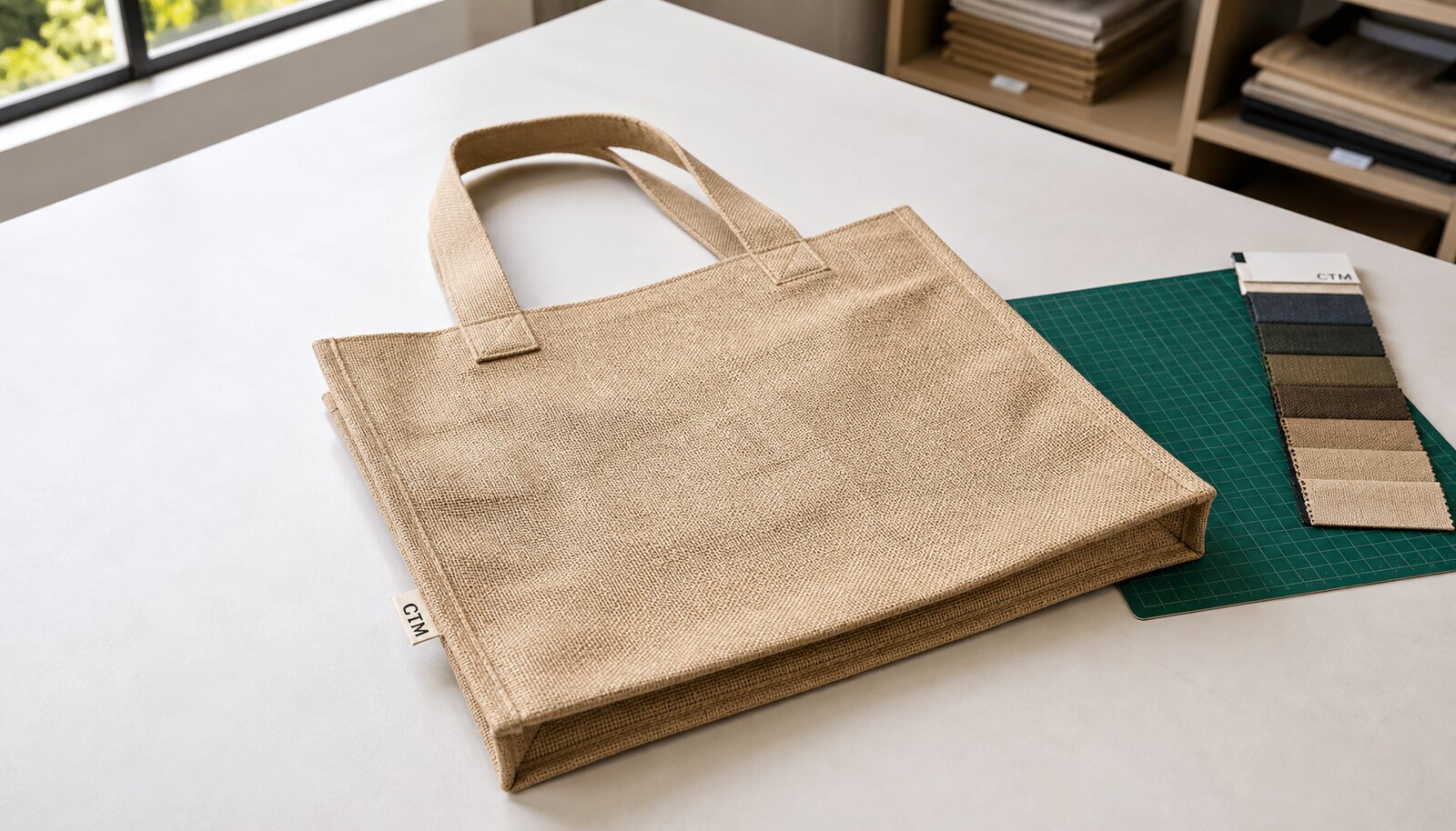 Natural jute burlap bag with a small sewn CTM/CottonToMaker side label in a clean factory sample room.