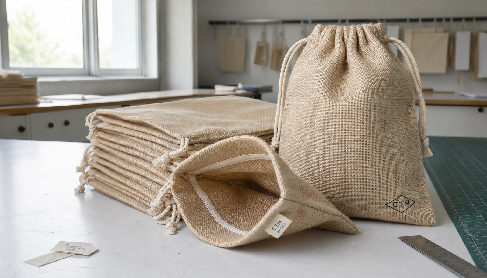 Natural jute drawstring bags with a simple CTM logo printed directly on the front in a factory sample room