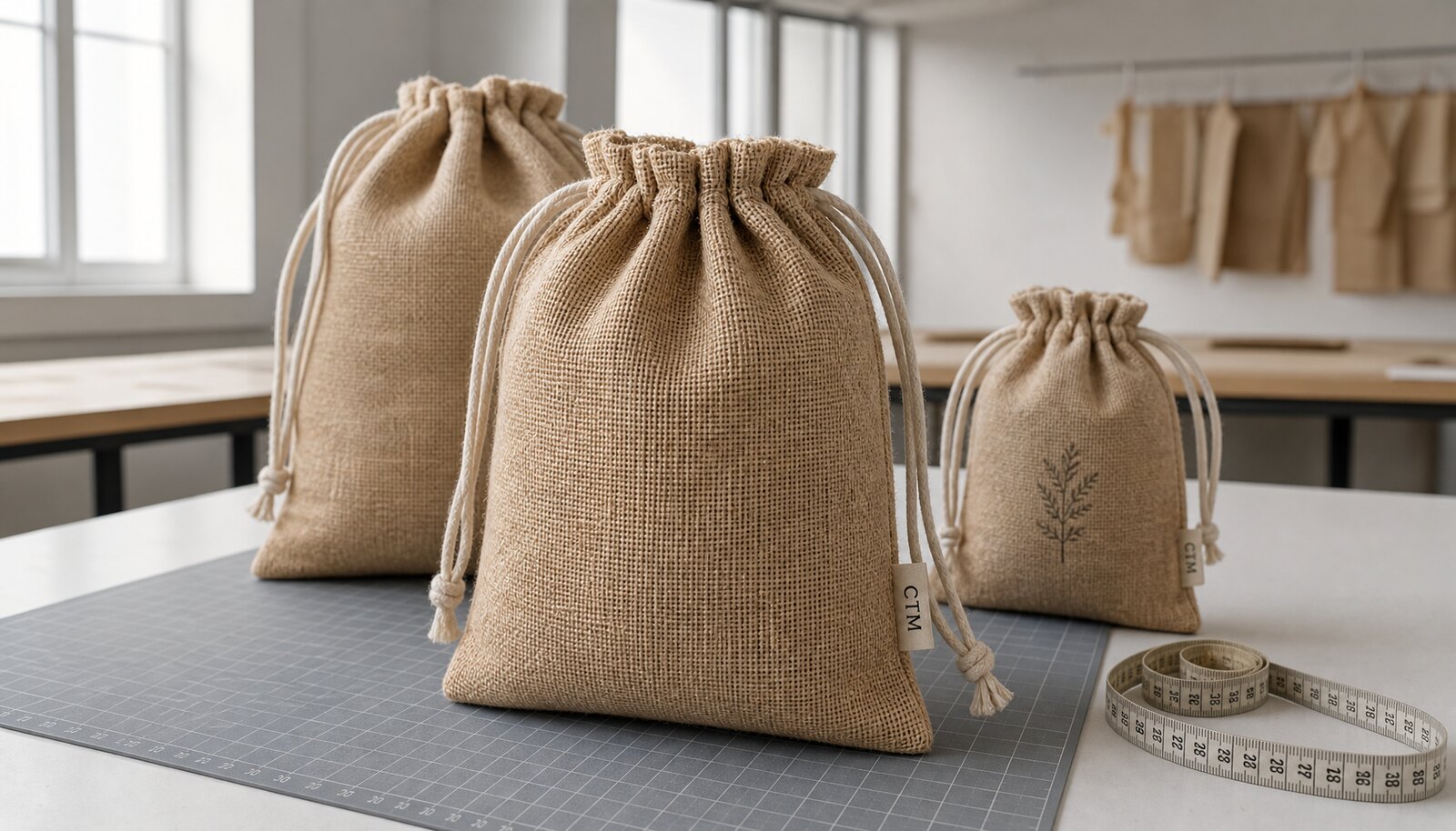 Photorealistic jute drawstring sample bags in a factory room with a small CTM logo label