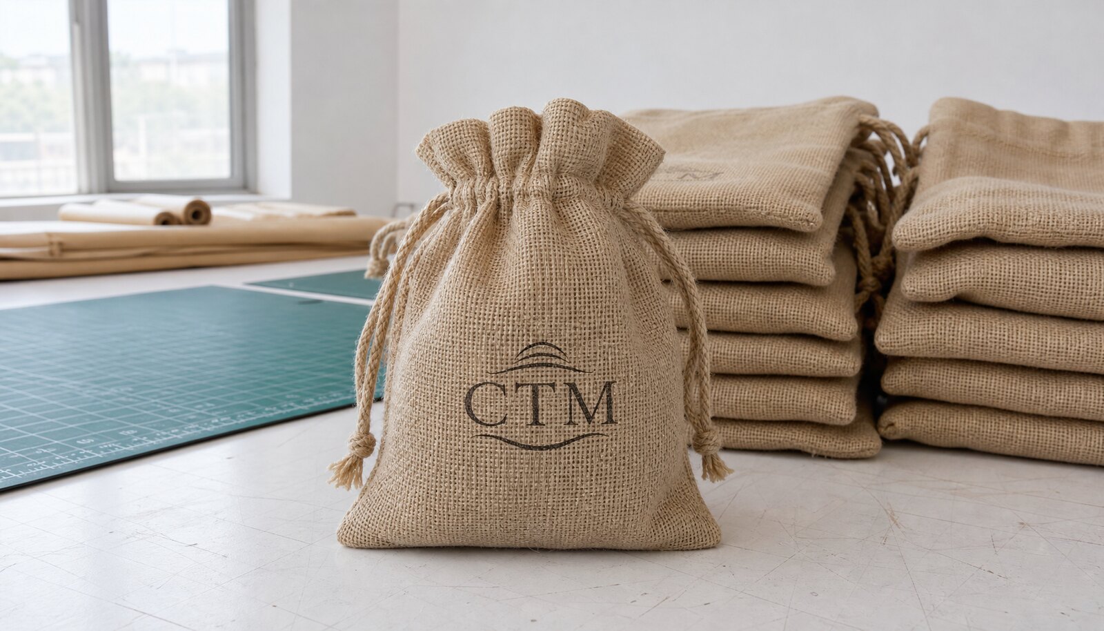 Photorealistic jute drawstring bags with a simple CTM logo printed directly on the product in a factory sample room