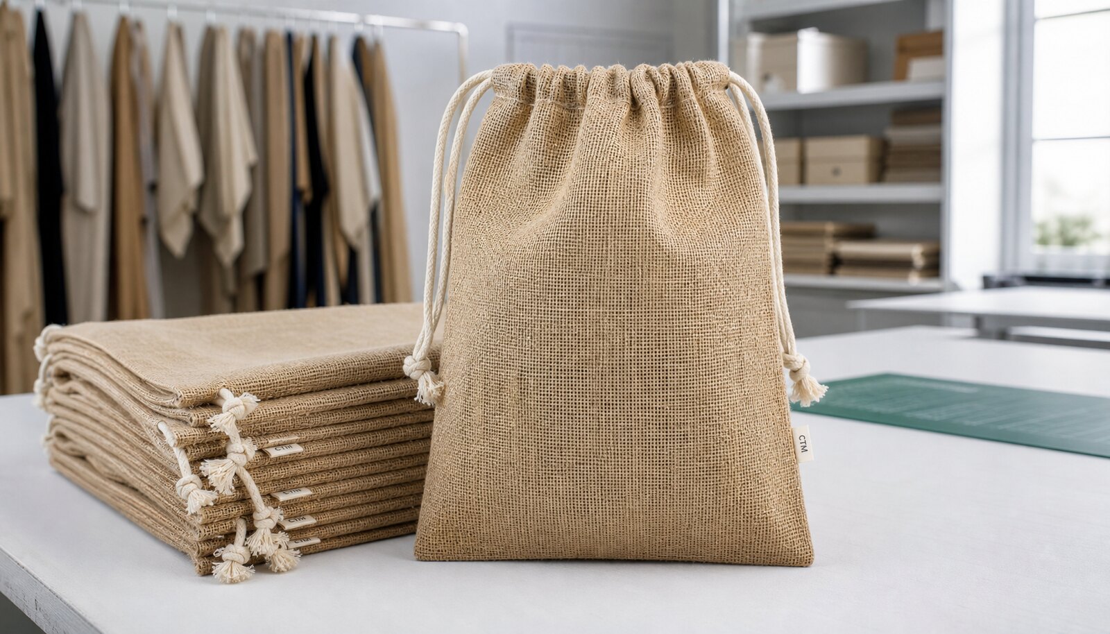 Natural jute drawstring bags with a sewn CTM sample label in a factory sample room